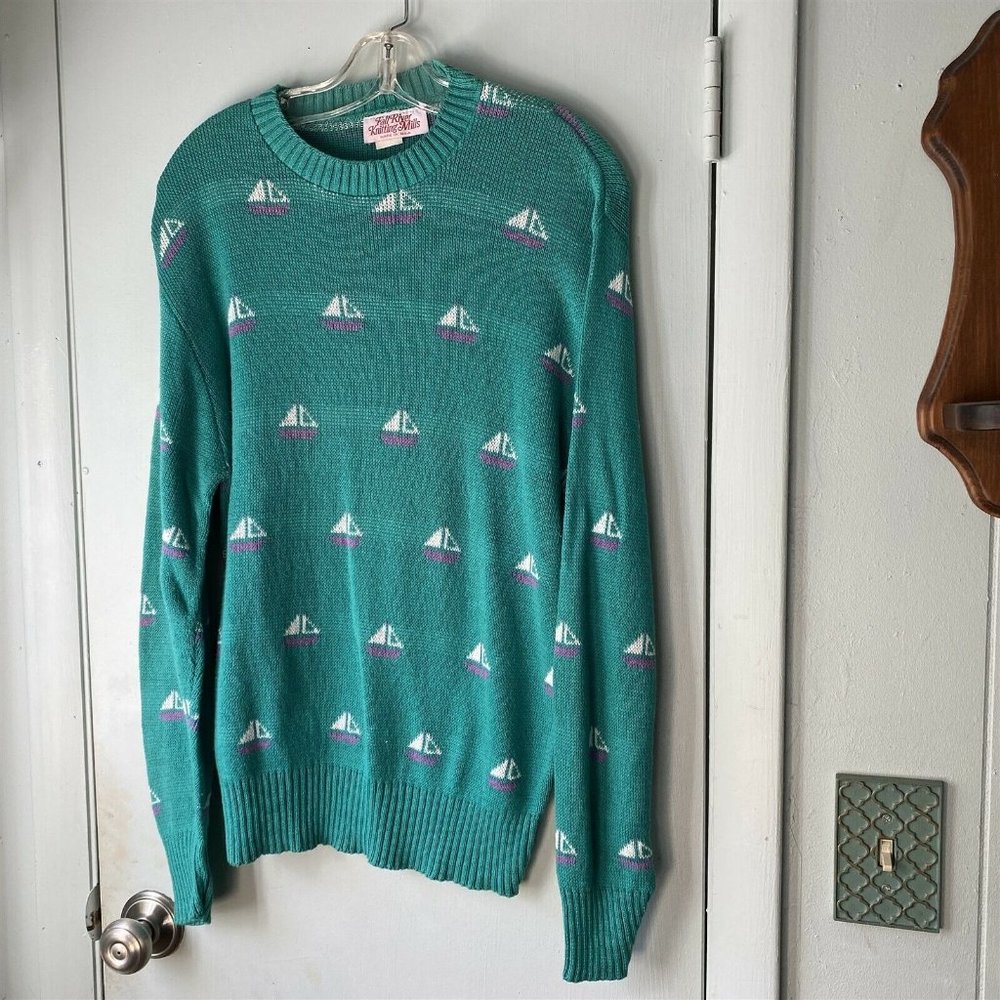 Vintage Men's Sweater Sailboat Preppy Fall River Knitting Mills USA Size M Green